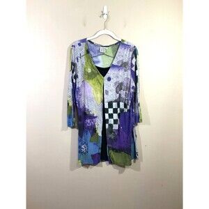Parsley & Sage Womens Abstract Boho Tunic Shirt L Purple Green Funky Artsy Fairy